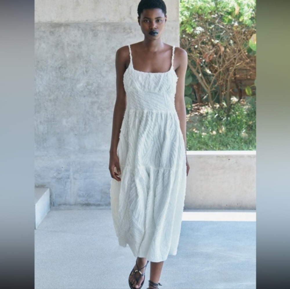 ZARA NWT FRAYED JACQUARD DRESS ZW COLLECTION WHITE | 2919/196